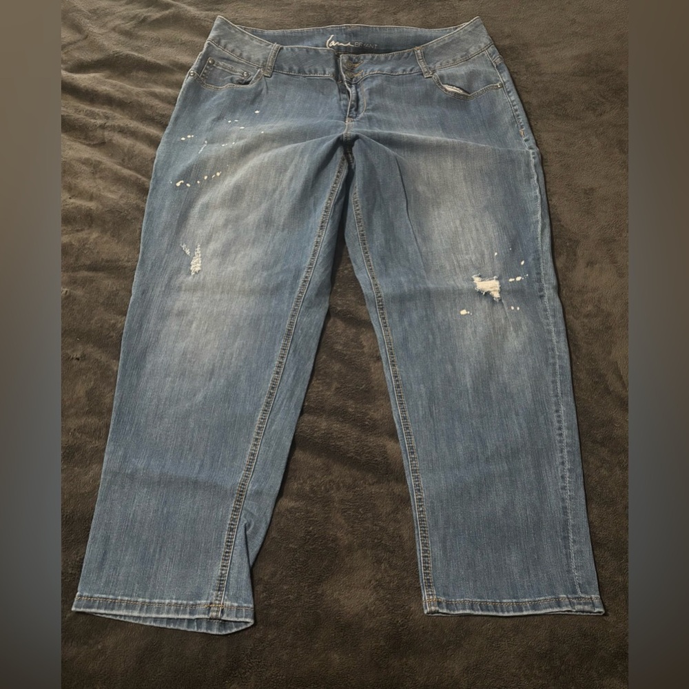 Lane Bryant Women’s Distressed Light Blue Crop Jeans with Paint Splatter Detail